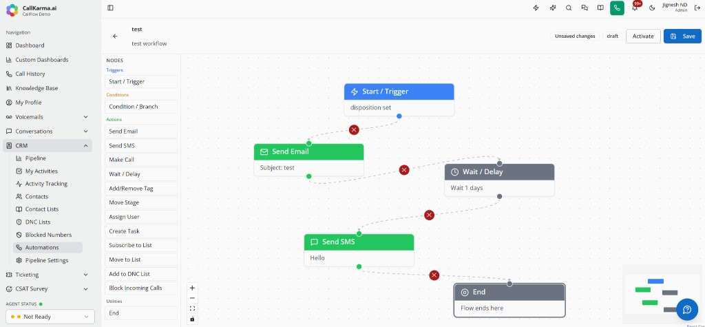 CRM automation workflow builder with email, wait, and SMS steps