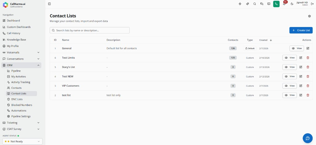 CRM contact lists with import, export, and list management
