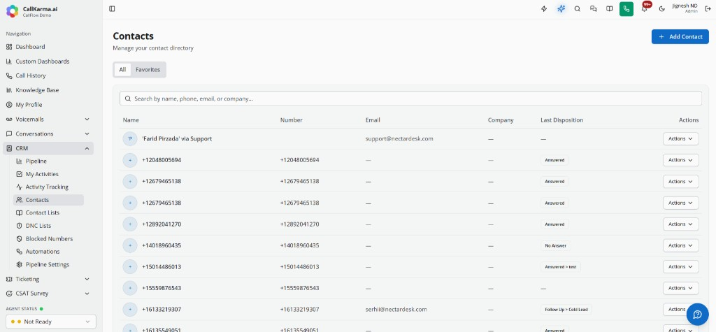 CRM contacts directory with phone, email, company, and disposition columns