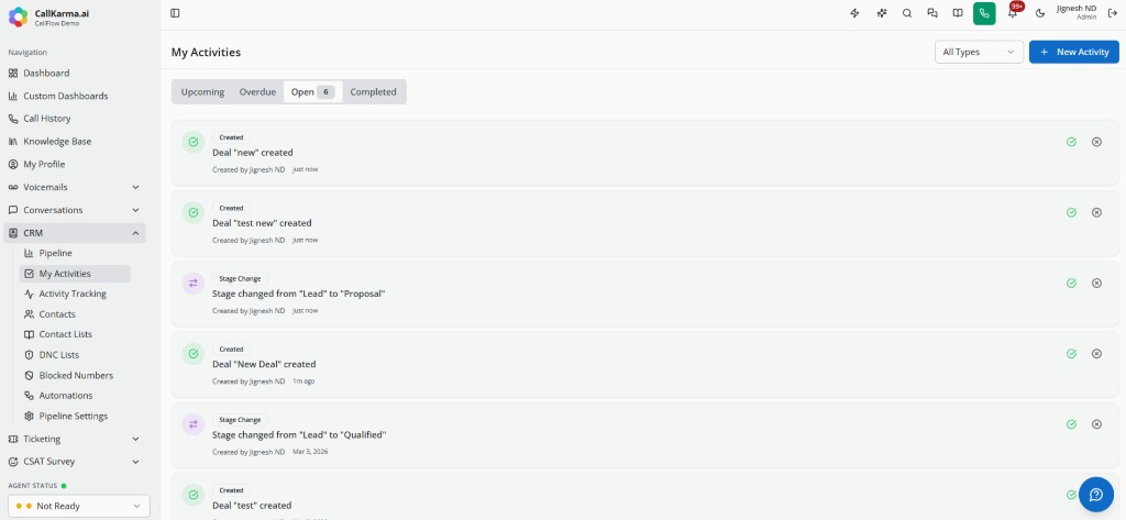 CRM My Activities feed with open tasks and stage changes