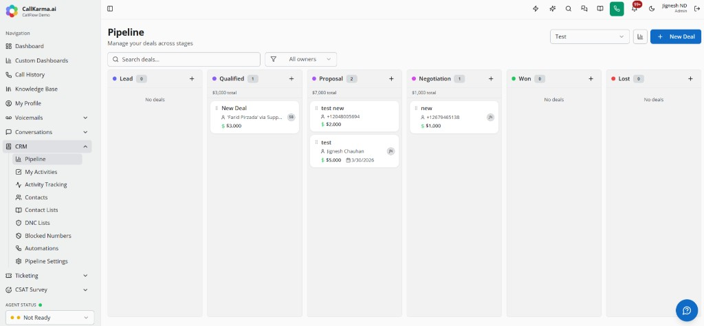 CRM pipeline board with deal stages from Lead to Won and Lost