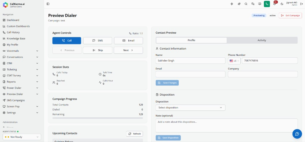 Preview Dialer agent workspace with contact profile, call controls, and dispositions