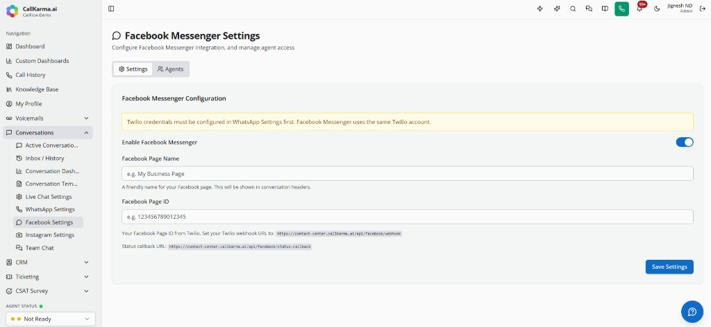 Facebook Messenger settings with page ID, webhook, and Twilio configuration