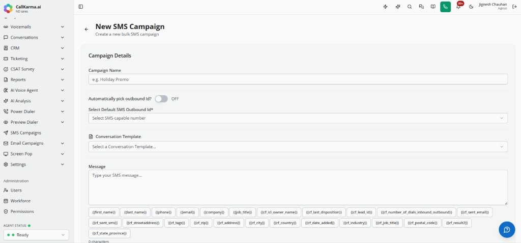 New SMS campaign builder with message composer and merge tags
