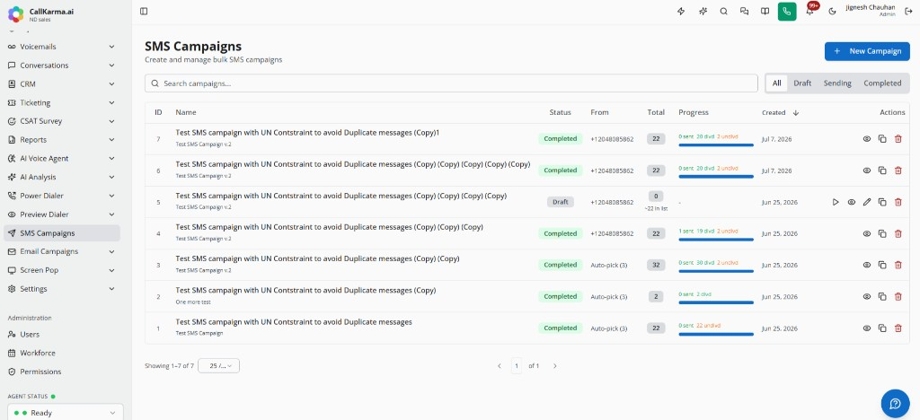 SMS campaigns list with status, progress, and delivery metrics
