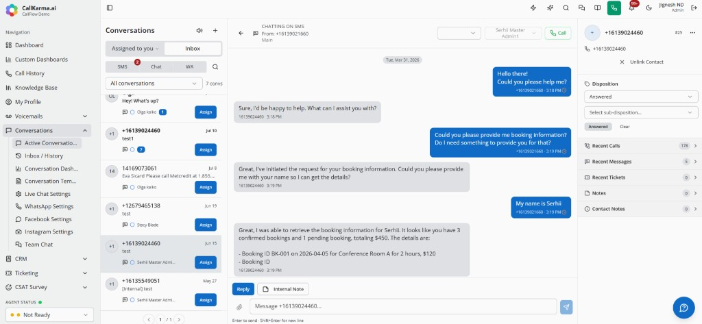 Active SMS conversation with agent replies, contact details, and disposition tools