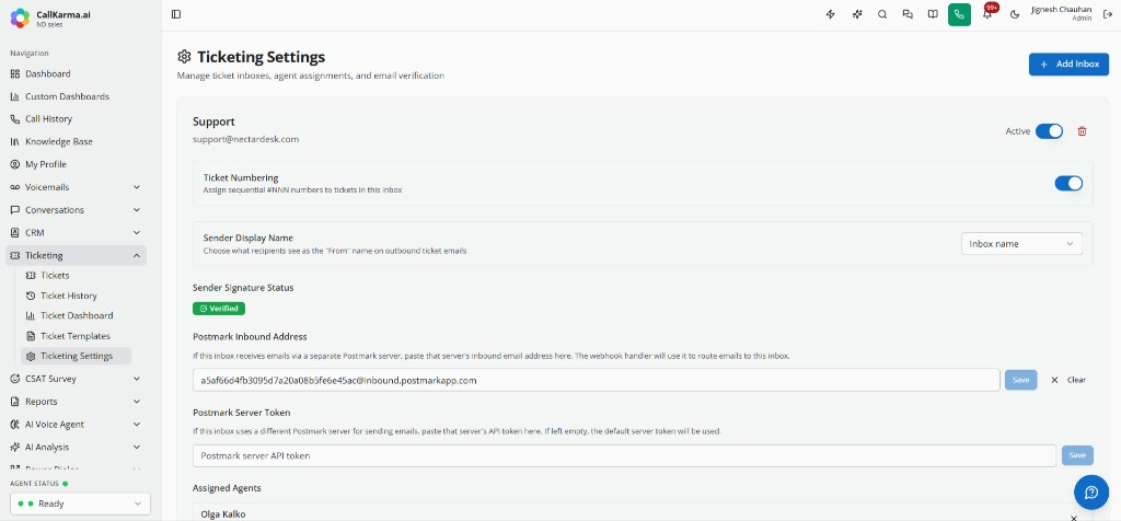 Ticketing settings for support inbox, Postmark inbound email, and agent assignment