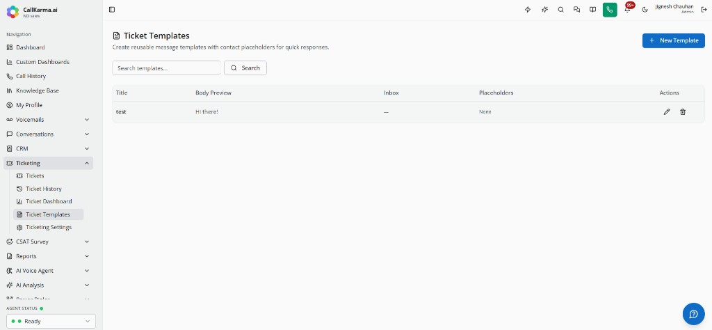 Ticket templates list with reusable message templates and placeholders