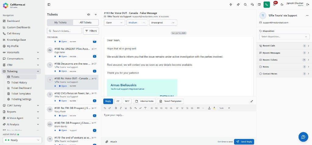 Ticketing workspace with ticket list, email thread, reply editor, and contact sidebar