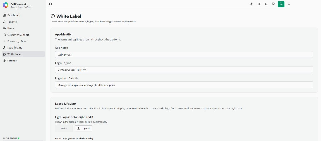 White label settings for app name, login tagline, and logo uploads